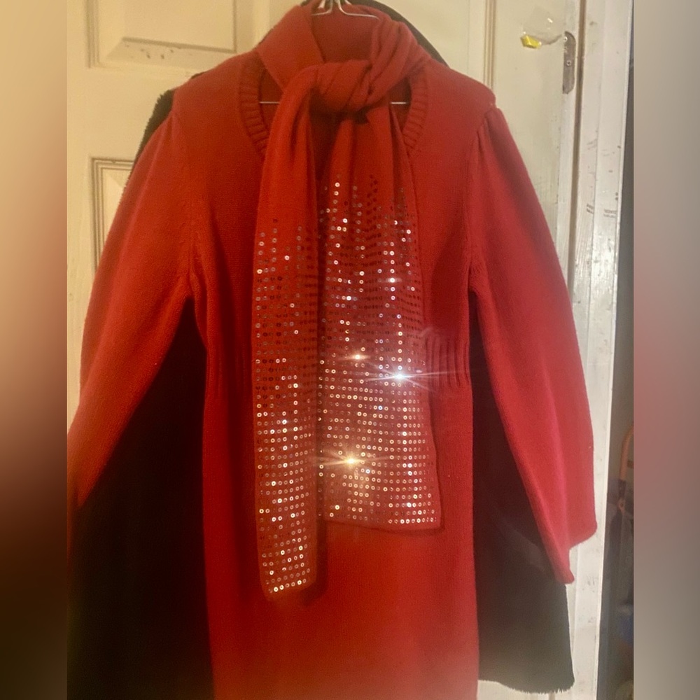 Style & Co.Red Sweater Dress wi (Removal by Buttons) Red Sequins Scarf, Larg
